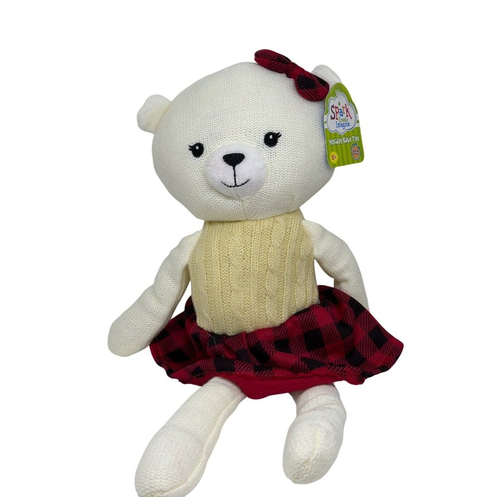 NWT Spark Create Imagine Knit Teddy Bear Plush 0+ Baby Toy Holiday Plaid Skirt